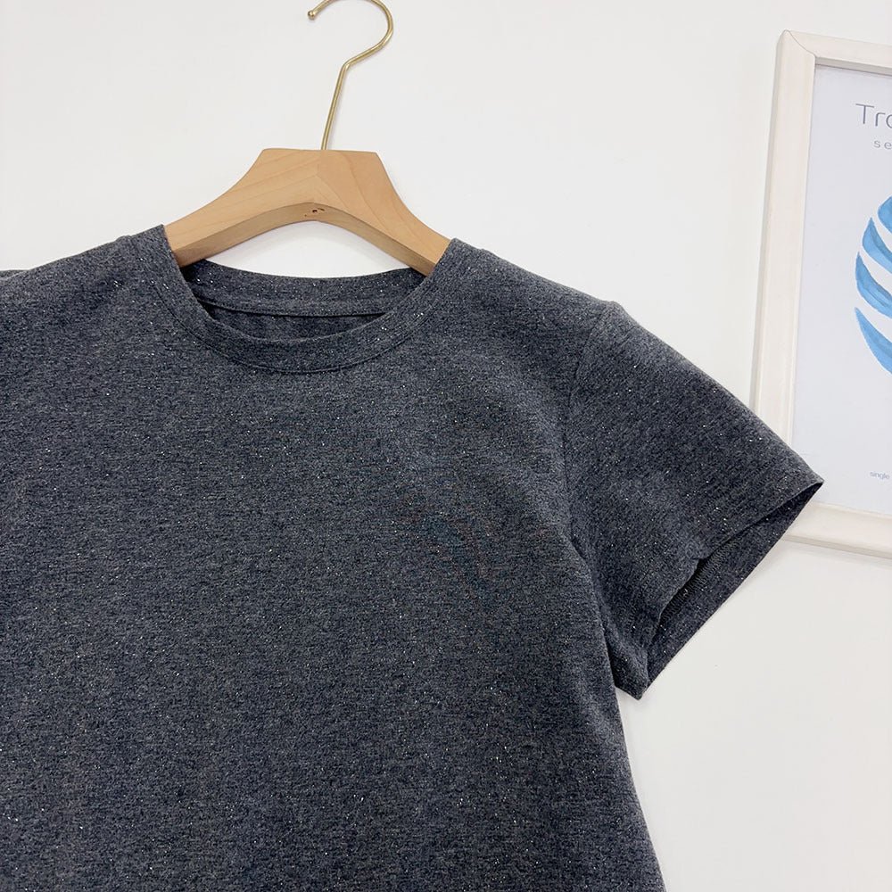 Slimming effect！Sparkling Full Sky Straight Shoulder Stretch Slim Fit Peruvian Cotton Round Neck Basic Short Sleeve T Women's T-shirt25Summer