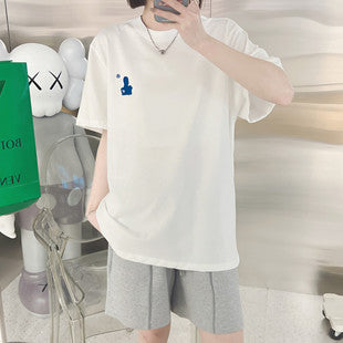 In Stock Short Sleeve Ouyang Nana Same Style T Shirt Summer Men and Women Couple Style Loose Casual Little Fox Embroidery