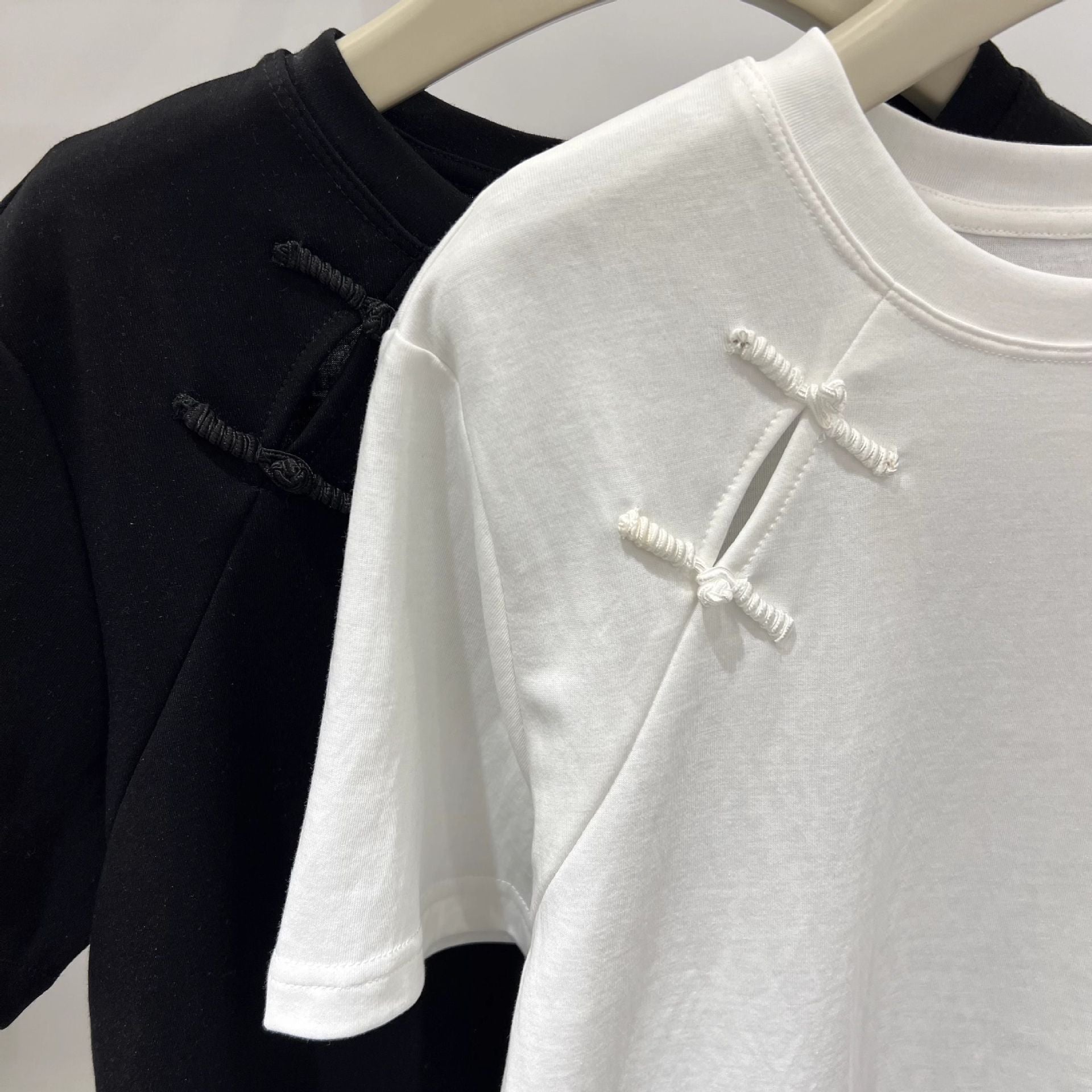 Official Image Peruvian Cotton Short Sleeve t Shirt2025Summer Button Short Solid Color Slim Fit Regular Shoulder Round Neck Korean Style Women's Top