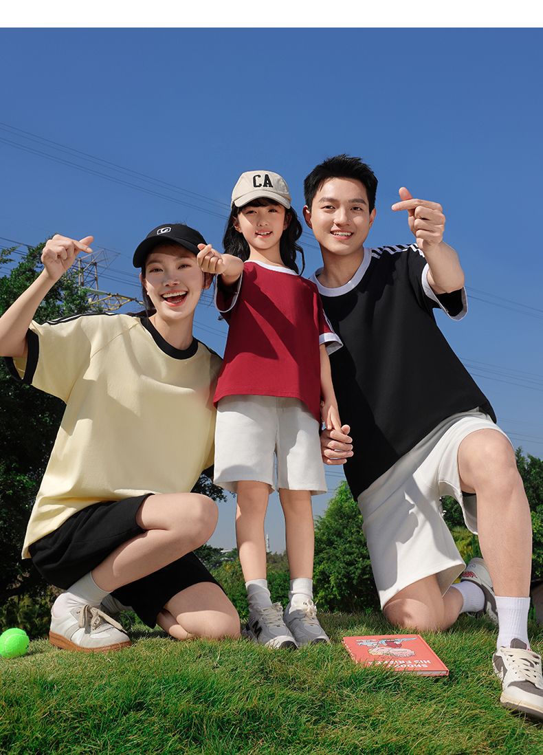 210g 100% Cotton American Style Round Neck Retro Peruvian Cotton Loose Drop Shoulder Three Stripes Solid Color Short Sleeve t T-shirt Parent-Child Matching Outfits