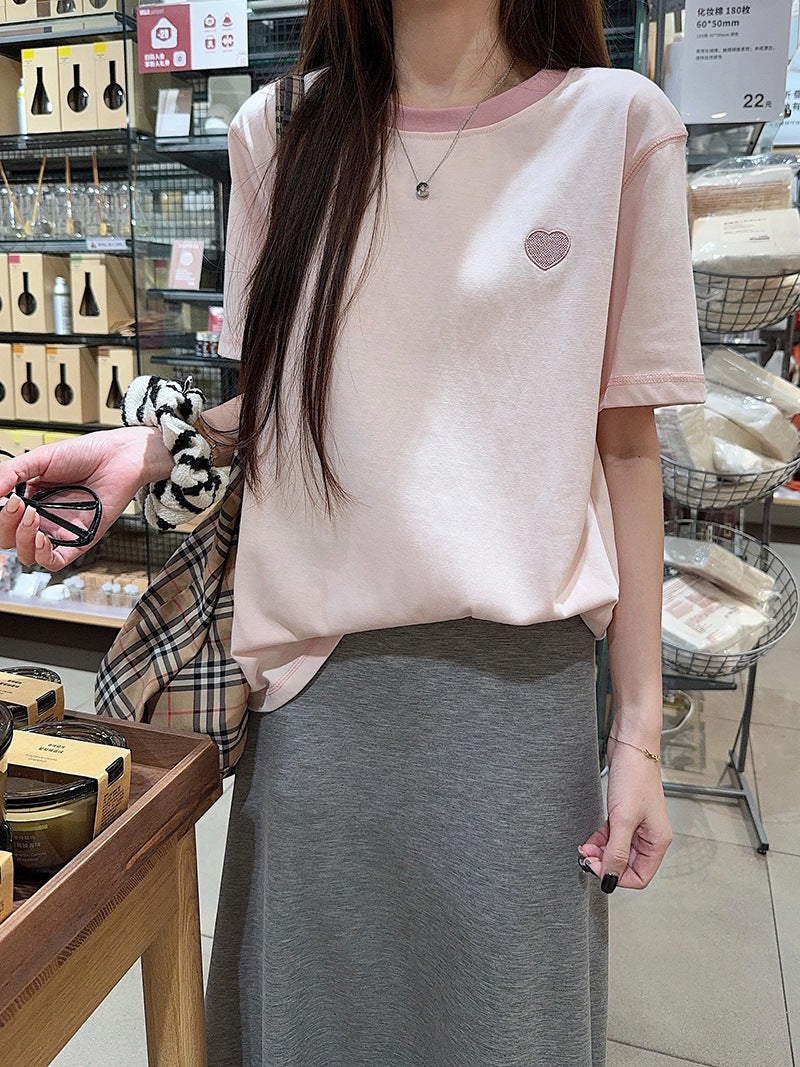 Real Shot Peruvian Cotton220Gram Short Sleeve t Summer Shirt2025New Trendy Embroidered Loose Round Neck Top Plus Size Women's Clothing