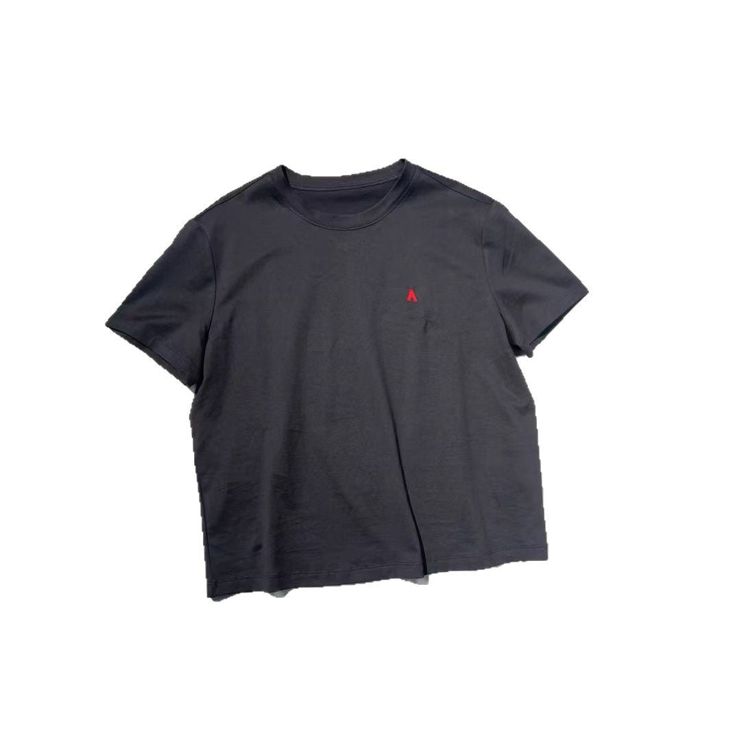 Japanese Style Niche Short Sleeve Embroidered Letters Peruvian Cotton T Shirt