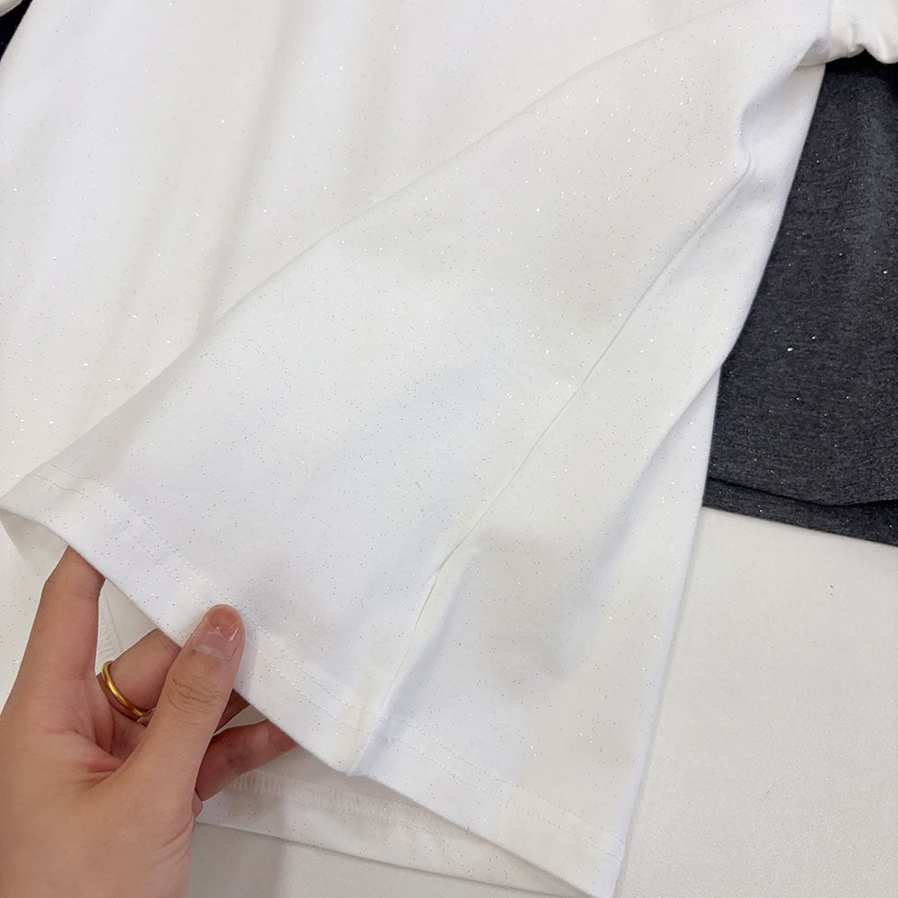 Slimming effect！Sparkling Full Sky Straight Shoulder Stretch Slim Fit Peruvian Cotton Round Neck Basic Short Sleeve T Women's T-shirt25Summer