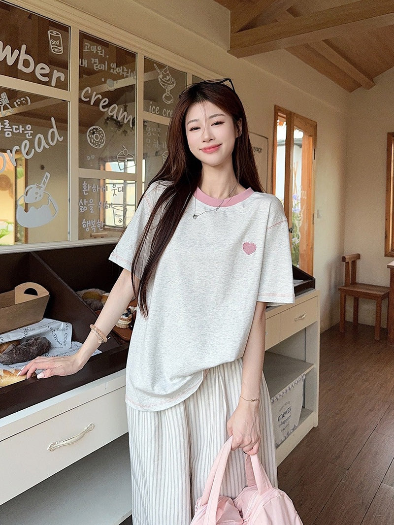 Real Shot Peruvian Cotton220Gram Short Sleeve t Summer Shirt2025New Trendy Embroidered Loose Round Neck Top Plus Size Women's Clothing