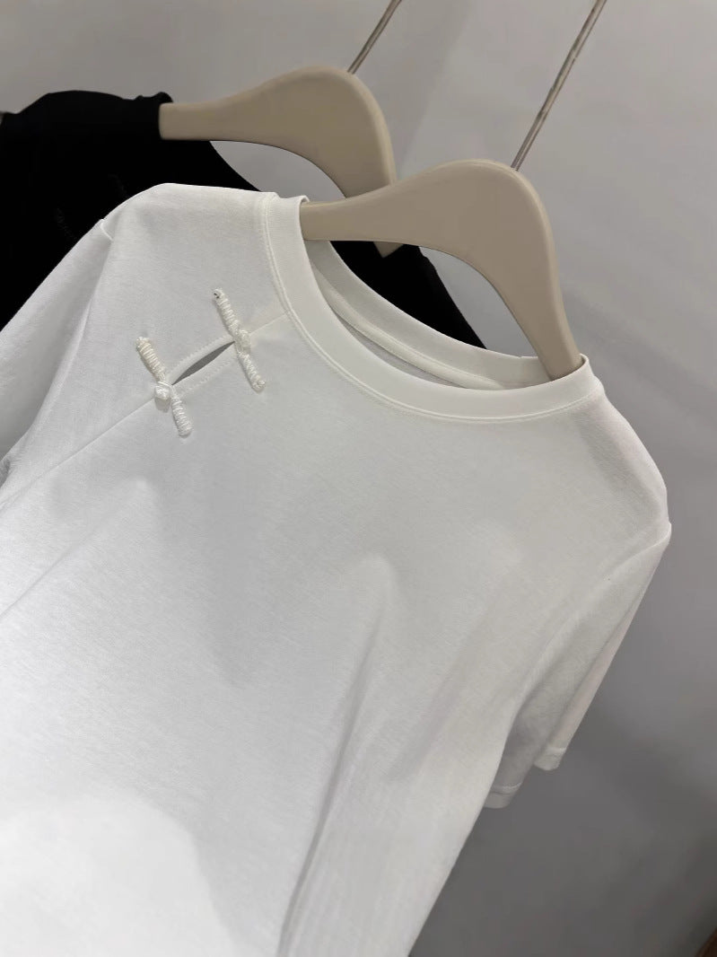 Official Image Peruvian Cotton Short Sleeve t Shirt2025Summer Button Short Solid Color Slim Fit Regular Shoulder Round Neck Korean Style Women's Top