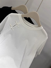 Official Image Peruvian Cotton Short Sleeve t Shirt2025Summer Button Short Solid Color Slim Fit Regular Shoulder Round Neck Korean Style Women's Top