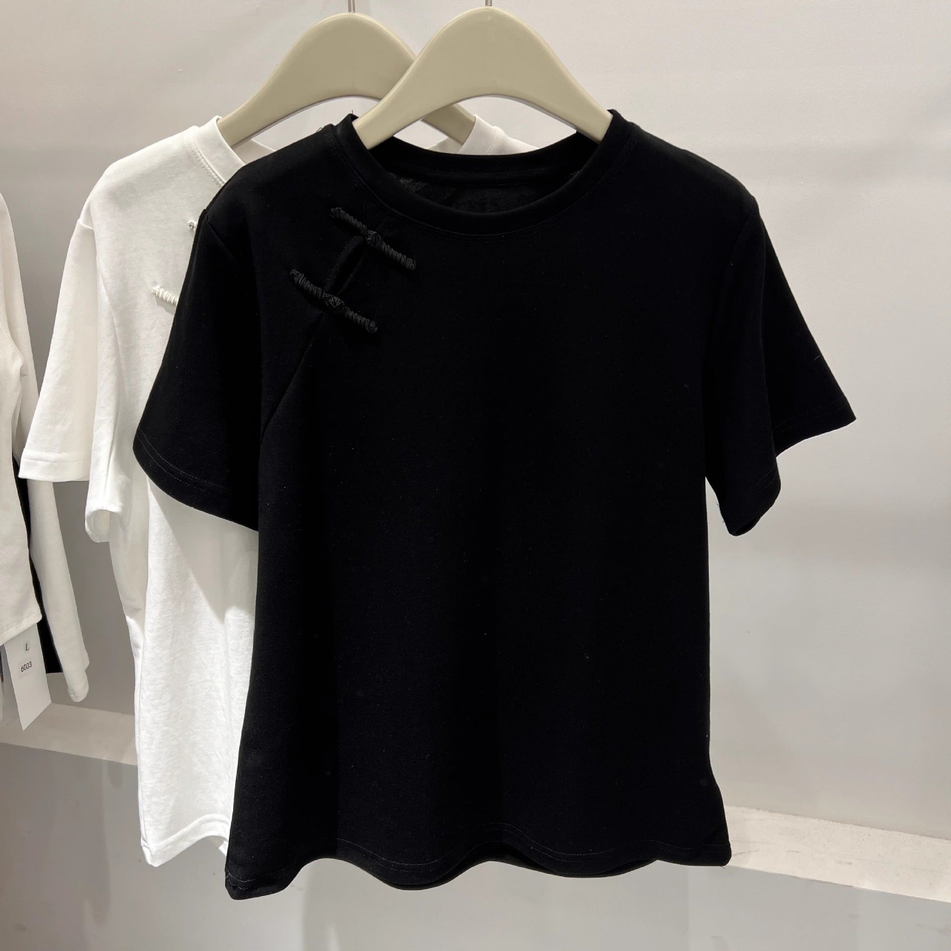 Official Image Peruvian Cotton Short Sleeve t Shirt2025Summer Button Short Solid Color Slim Fit Regular Shoulder Round Neck Korean Style Women's Top