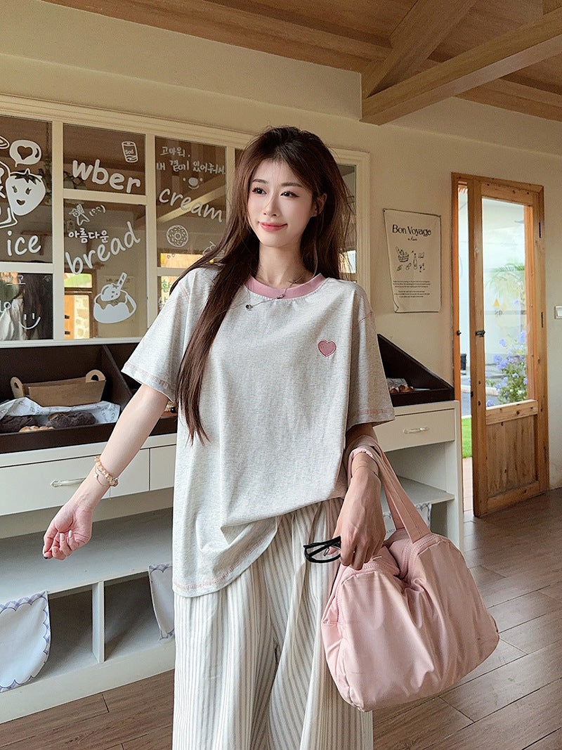 Real Shot Peruvian Cotton220Gram Short Sleeve t Summer Shirt2025New Trendy Embroidered Loose Round Neck Top Plus Size Women's Clothing