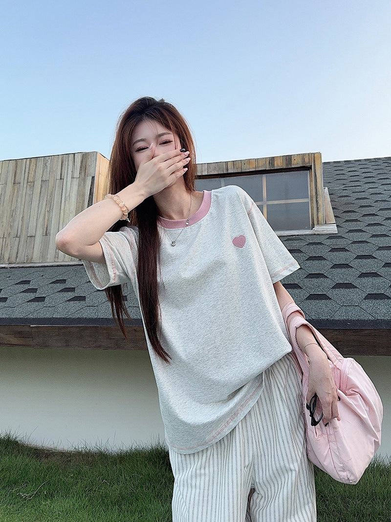 Summer new style round neck short sleeve women's shirt t Embroidered Cool Feeling Shirt T Pink Women's Shirt, Regular Shoulder, Loose Fit, Casual T Shirt