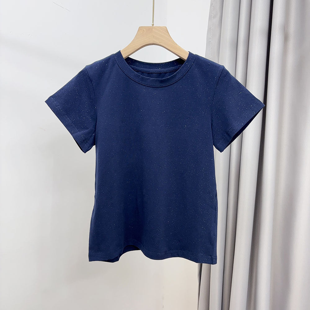 Slimming effect！Sparkling Full Sky Straight Shoulder Stretch Slim Fit Peruvian Cotton Round Neck Basic Short Sleeve T Women's T-shirt25Summer