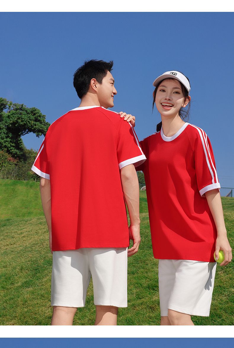 210g 100% Cotton American Style Round Neck Retro Peruvian Cotton Loose Drop Shoulder Three Stripes Solid Color Short Sleeve t T-shirt Parent-Child Matching Outfits