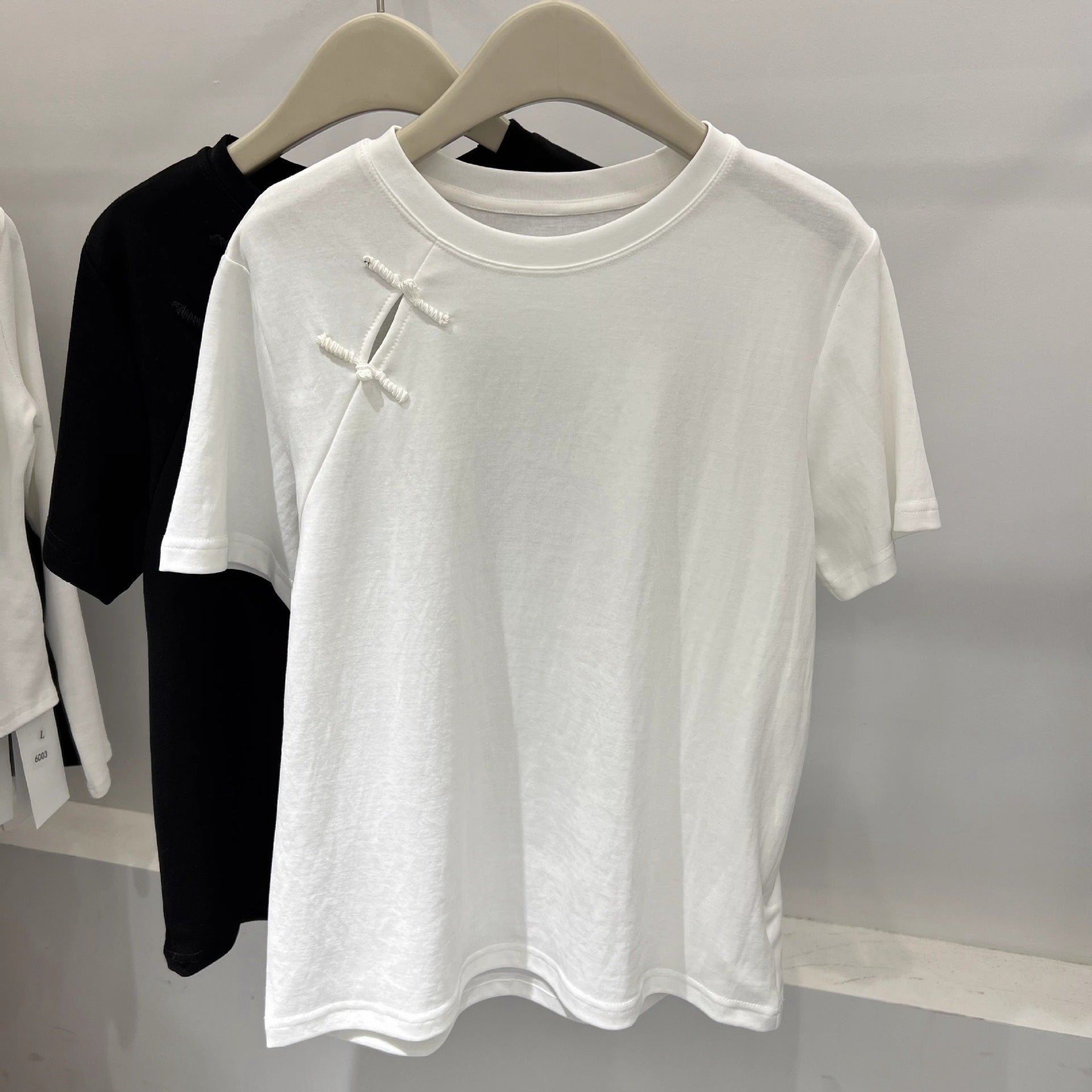 Official Image Peruvian Cotton Short Sleeve t Shirt2025Summer Button Short Solid Color Slim Fit Regular Shoulder Round Neck Korean Style Women's Top