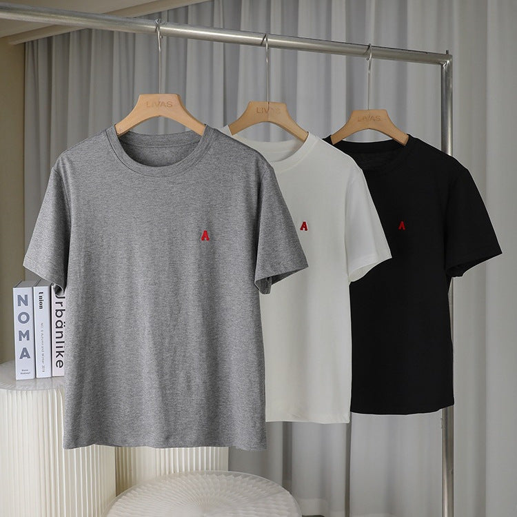 Japanese Style Niche Short Sleeve Embroidered Letters Peruvian Cotton T Shirt