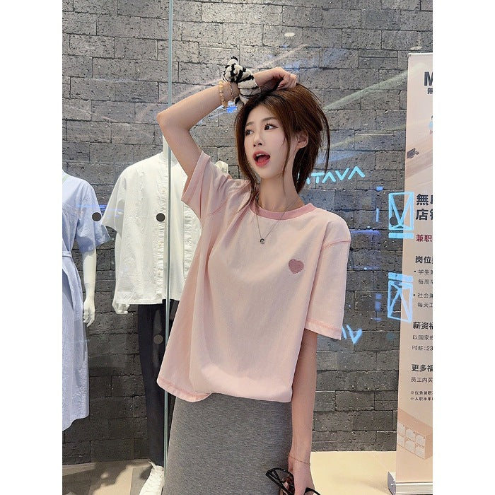 Real Shot Peruvian Cotton220Gram Short Sleeve t Summer Shirt2025New Trendy Embroidered Loose Round Neck Top Plus Size Women's Clothing