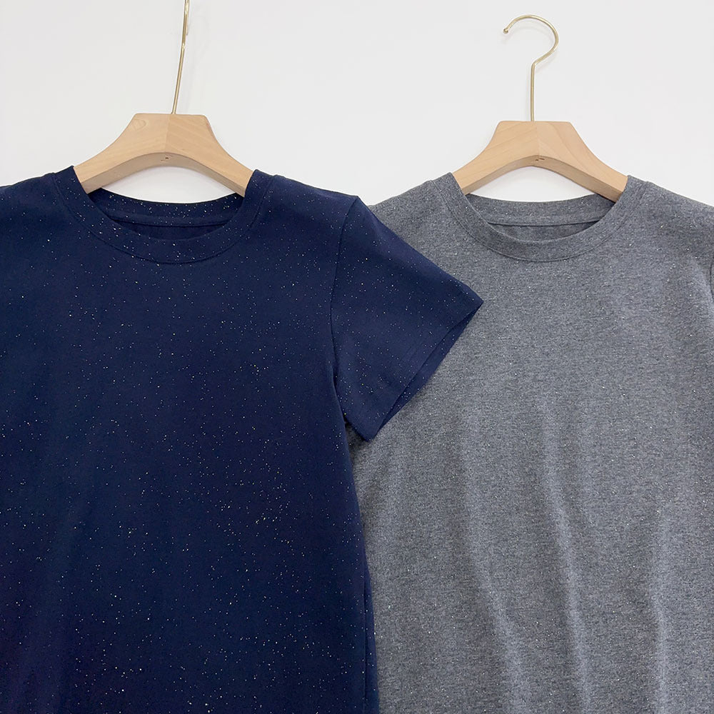 Slimming effect！Sparkling Full Sky Straight Shoulder Stretch Slim Fit Peruvian Cotton Round Neck Basic Short Sleeve T Women's T-shirt25Summer