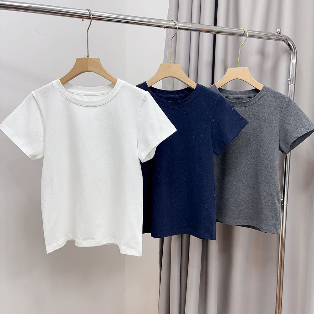 Slimming effect！Sparkling Full Sky Straight Shoulder Stretch Slim Fit Peruvian Cotton Round Neck Basic Short Sleeve T Women's T-shirt25Summer