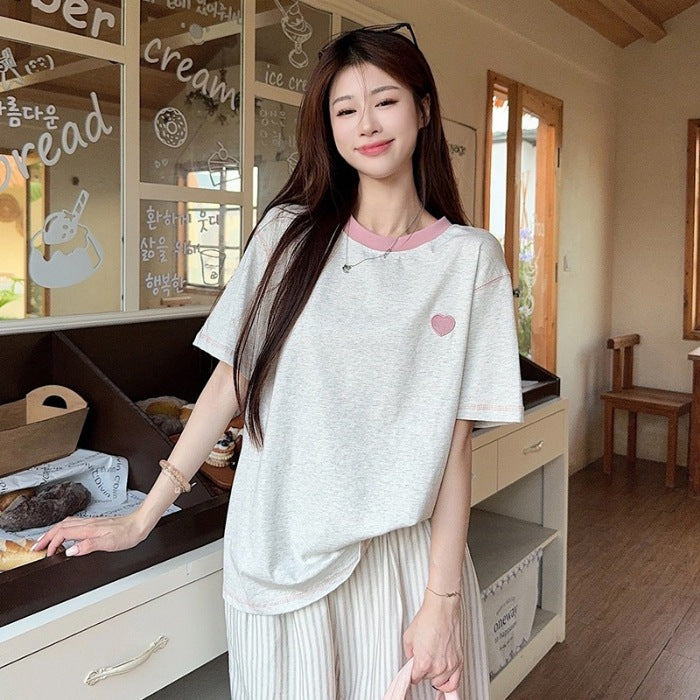 Real Shot Peruvian Cotton220Gram Short Sleeve t Summer Shirt2025New Trendy Embroidered Loose Round Neck Top Plus Size Women's Clothing