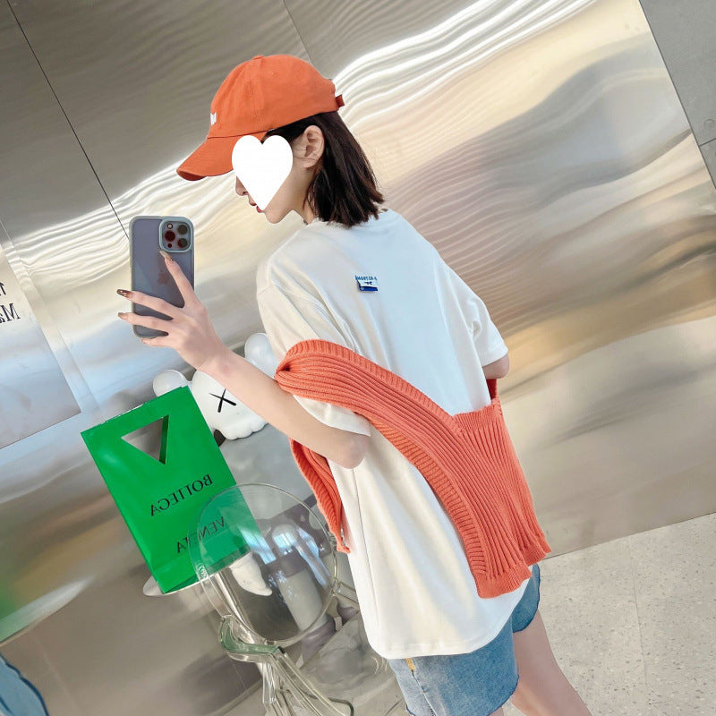 In Stock Short Sleeve Ouyang Nana Same Style T Shirt Summer Men and Women Couple Style Loose Casual Little Fox Embroidery