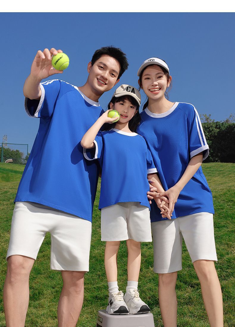 210g 100% Cotton American Style Round Neck Retro Peruvian Cotton Loose Drop Shoulder Three Stripes Solid Color Short Sleeve t T-shirt Parent-Child Matching Outfits