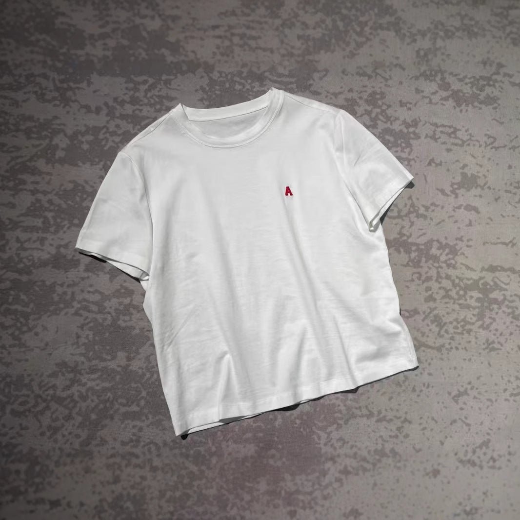 Japanese Style Niche Short Sleeve Embroidered Letters Peruvian Cotton T Shirt