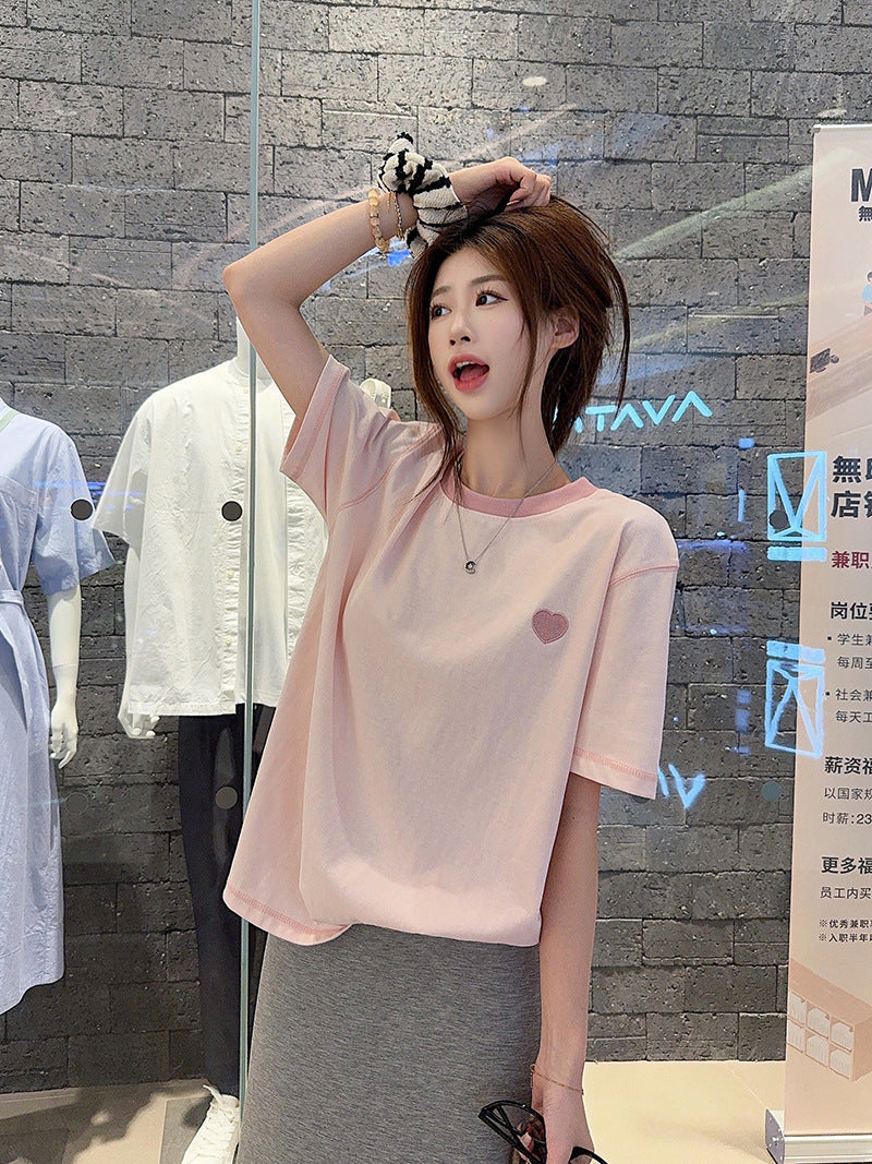Summer new style round neck short sleeve women's shirt t Embroidered Cool Feeling Shirt T Pink Women's Shirt, Regular Shoulder, Loose Fit, Casual T Shirt