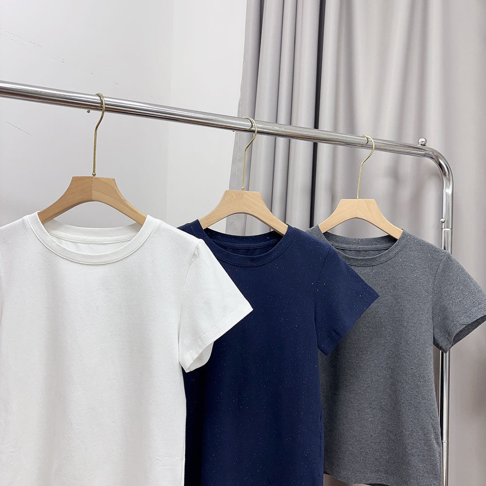 Slimming effect！Sparkling Full Sky Straight Shoulder Stretch Slim Fit Peruvian Cotton Round Neck Basic Short Sleeve T Women's T-shirt25Summer