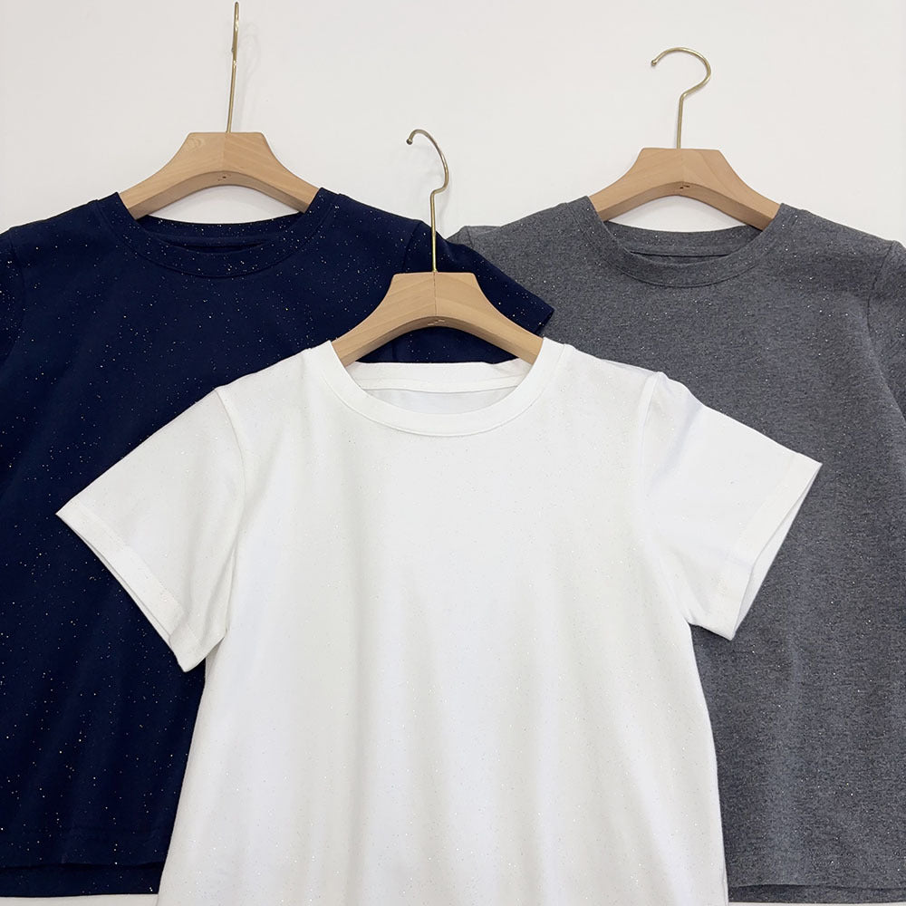 Slimming effect！Sparkling Full Sky Straight Shoulder Stretch Slim Fit Peruvian Cotton Round Neck Basic Short Sleeve T Women's T-shirt25Summer