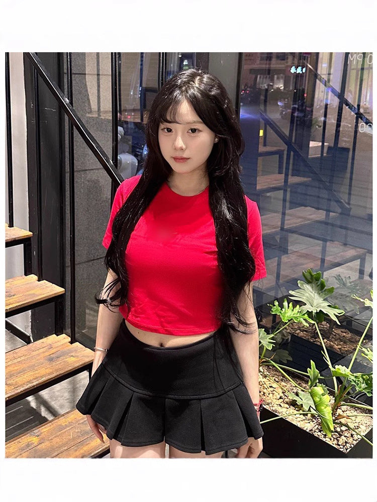 2025Summer New Solid Color Slim Fit Hot Girl Short Sleeve Off-Shoulder Tight Versatile Short Sleeve T T-shirt Top Hook Clothing Women's Wear