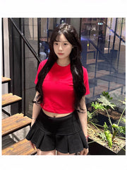 2025Summer New Solid Color Slim Fit Hot Girl Short Sleeve Off-Shoulder Tight Versatile Short Sleeve T T-shirt Top Hook Clothing Women's Wear