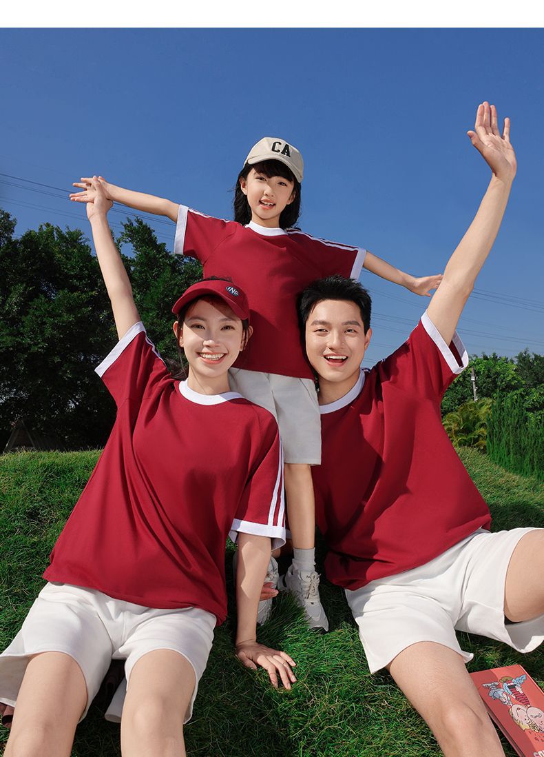 210g 100% Cotton American Style Round Neck Retro Peruvian Cotton Loose Drop Shoulder Three Stripes Solid Color Short Sleeve t T-shirt Parent-Child Matching Outfits