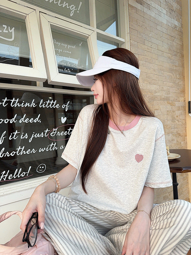 Summer new style round neck short sleeve women's shirt t Embroidered Cool Feeling Shirt T Pink Women's Shirt, Regular Shoulder, Loose Fit, Casual T Shirt