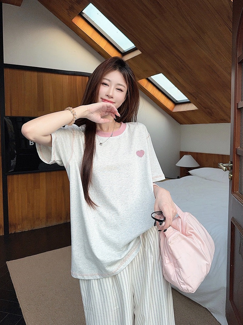 Real Shot Peruvian Cotton220Gram Short Sleeve t Summer Shirt2025New Trendy Embroidered Loose Round Neck Top Plus Size Women's Clothing