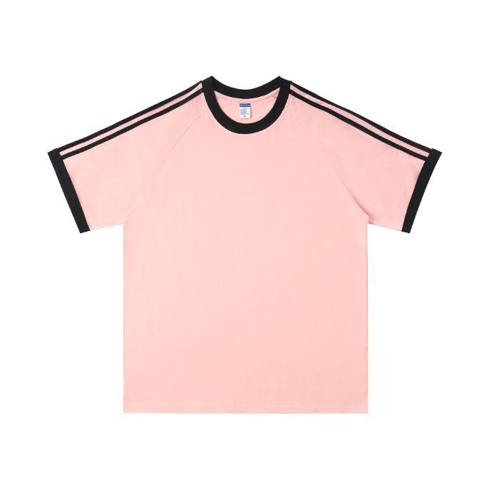 210g 100% Cotton American Style Round Neck Retro Peruvian Cotton Loose Drop Shoulder Three Stripes Solid Color Short Sleeve t T-shirt Parent-Child Matching Outfits