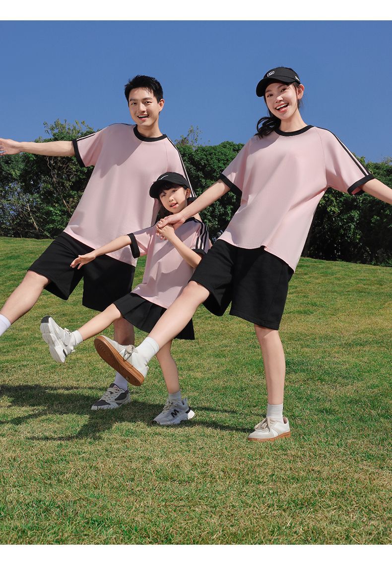 210g 100% Cotton American Style Round Neck Retro Peruvian Cotton Loose Drop Shoulder Three Stripes Solid Color Short Sleeve t T-shirt Parent-Child Matching Outfits