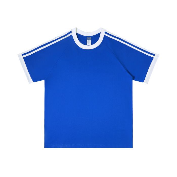 210g 100% Cotton American Style Round Neck Retro Peruvian Cotton Loose Drop Shoulder Three Stripes Solid Color Short Sleeve t T-shirt Parent-Child Matching Outfits