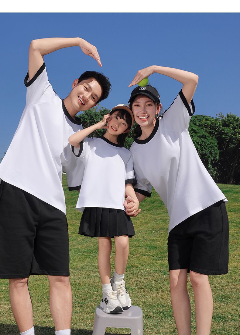 210g 100% Cotton American Style Round Neck Retro Peruvian Cotton Loose Drop Shoulder Three Stripes Solid Color Short Sleeve t T-shirt Parent-Child Matching Outfits