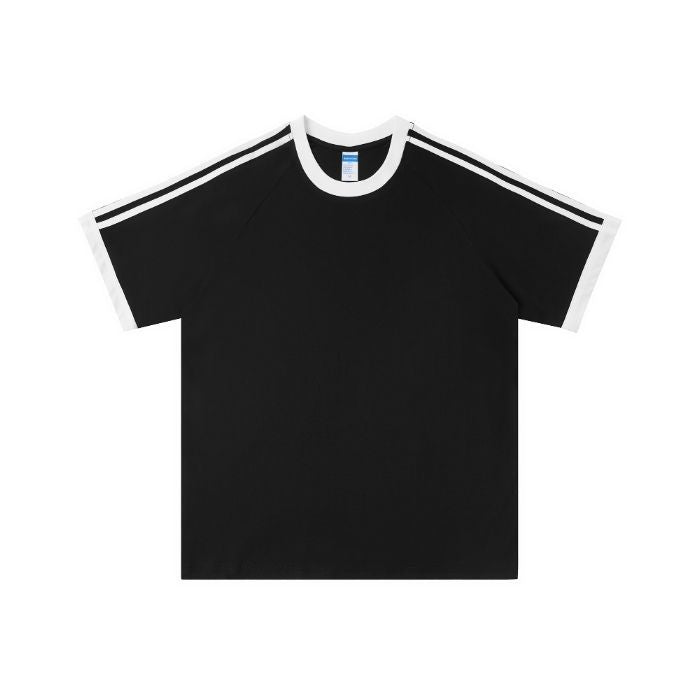 210g 100% Cotton American Style Round Neck Retro Peruvian Cotton Loose Drop Shoulder Three Stripes Solid Color Short Sleeve t T-shirt Parent-Child Matching Outfits