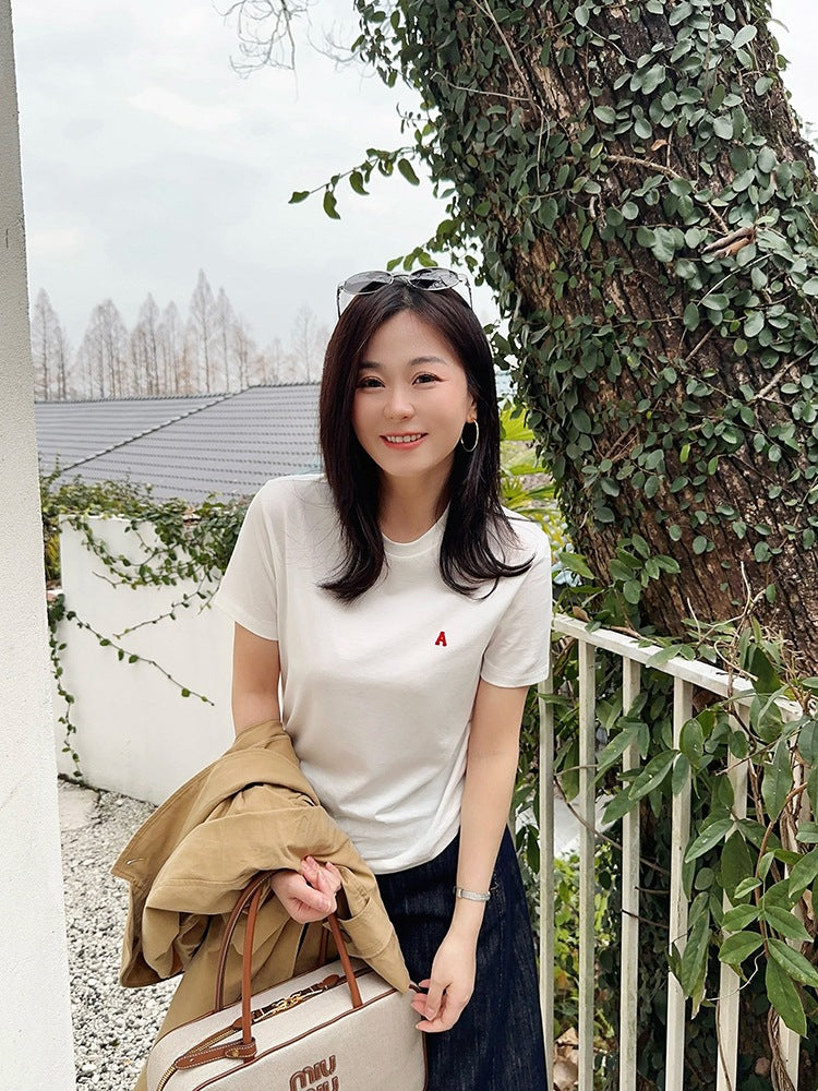 Japanese Style Niche Short Sleeve Embroidered Letters Peruvian Cotton T Shirt