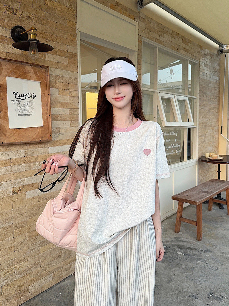 Summer new style round neck short sleeve women's shirt t Embroidered Cool Feeling Shirt T Pink Women's Shirt, Regular Shoulder, Loose Fit, Casual T Shirt